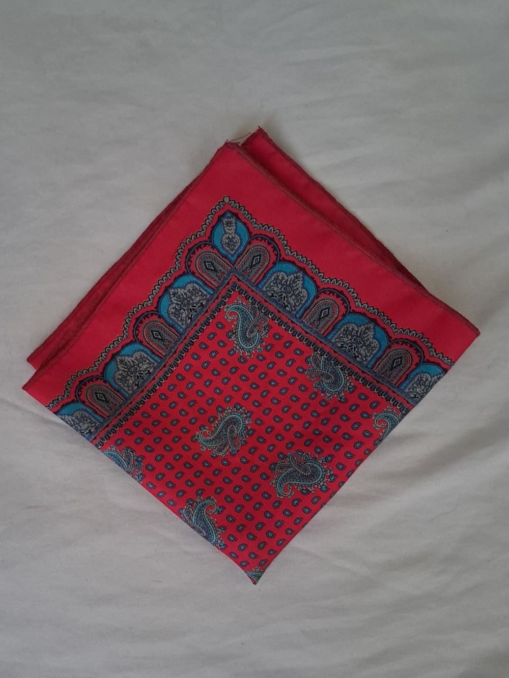 Men's Pocket Square - Red Paisley with Blue Accents